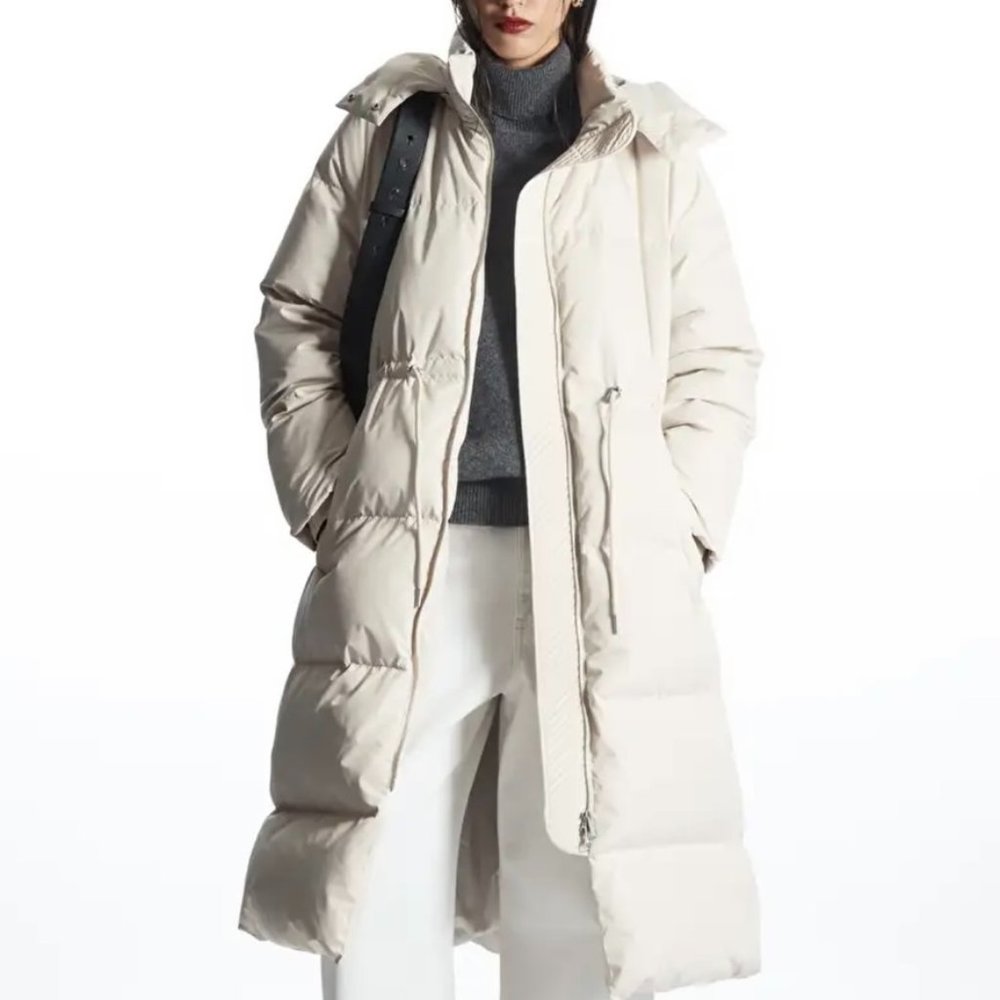 COS Hooded Recycled Down Puffer Coat Sz L Cream NWOT